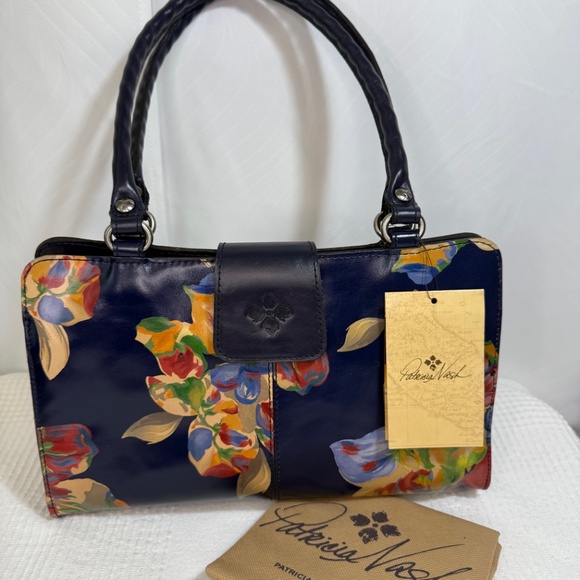 Patricia Nash Leather Rienzo- Le Fleur, Navy Floral Shoulder Bag - Picture 2 of 9